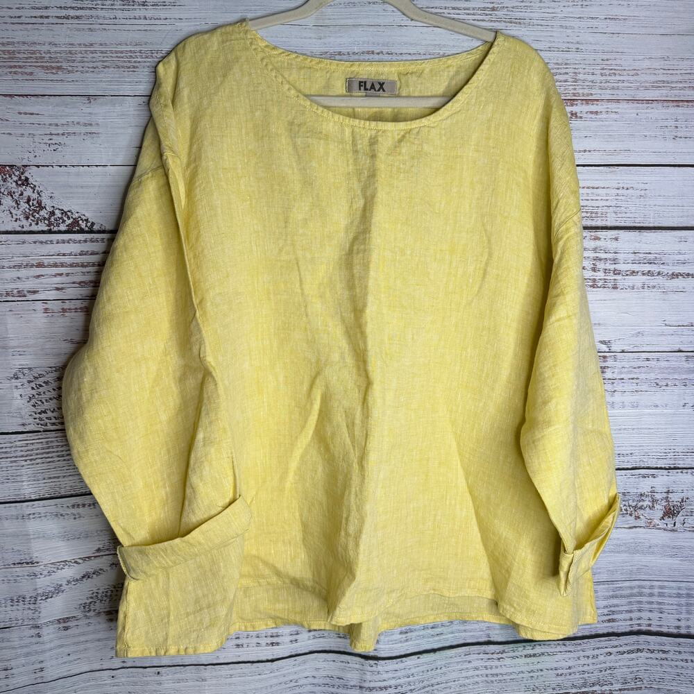 FLAX Womens M Yellow 100% Linen Tunic Top Lagenlook Art to Wear Oversized